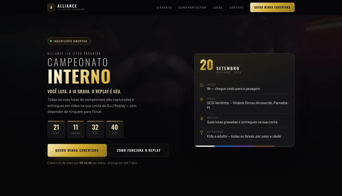 Landing page do Campeonato Interno Alliance Jiu-Jitsu com contagem regressiva e cobertura BJJ Replay
