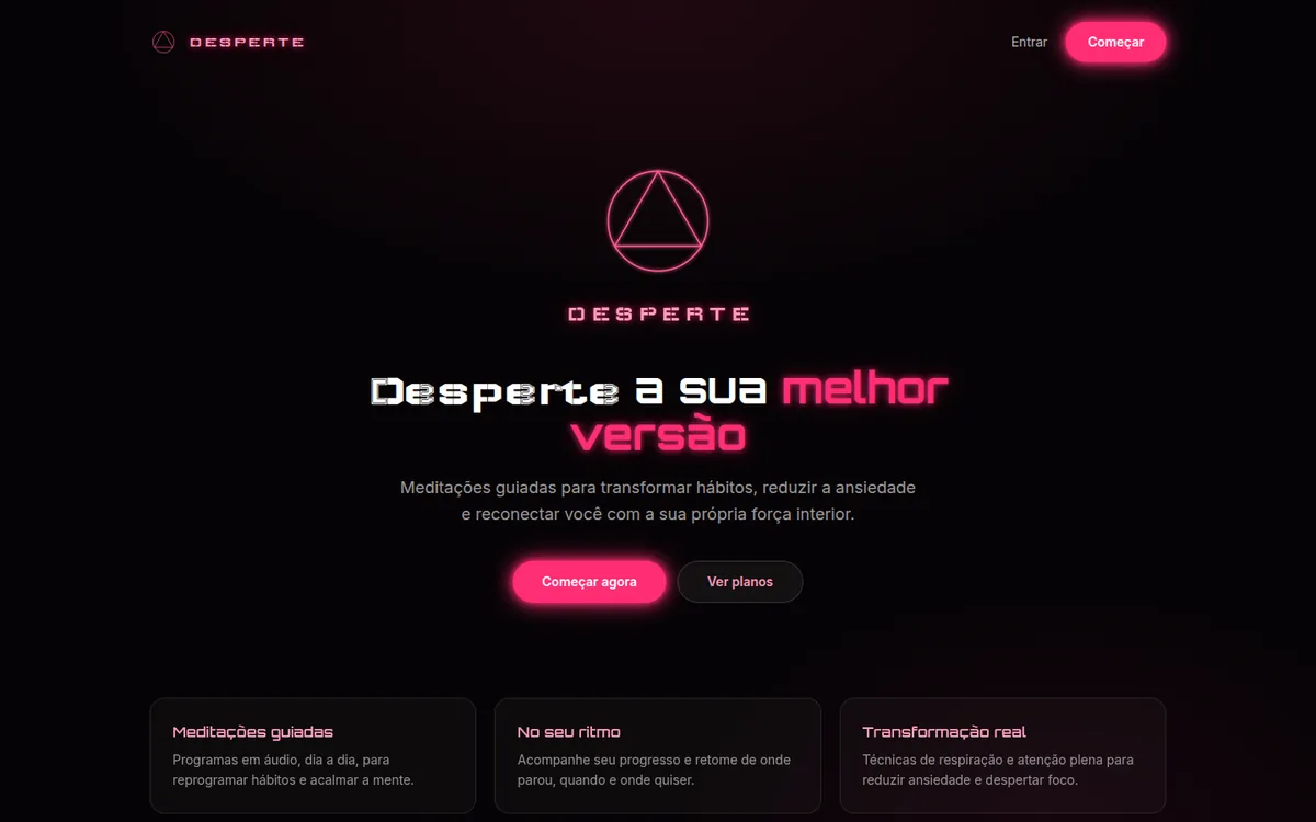 Home do app Desperte, com hero neon e cards de meditações guiadas