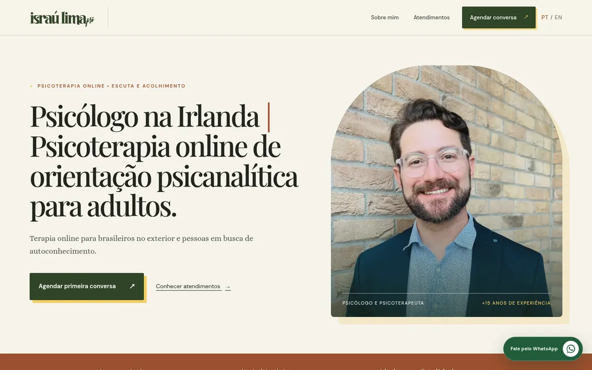 Site do psicólogo Israú Lima, com hero bilíngue e botão de agendar conversa